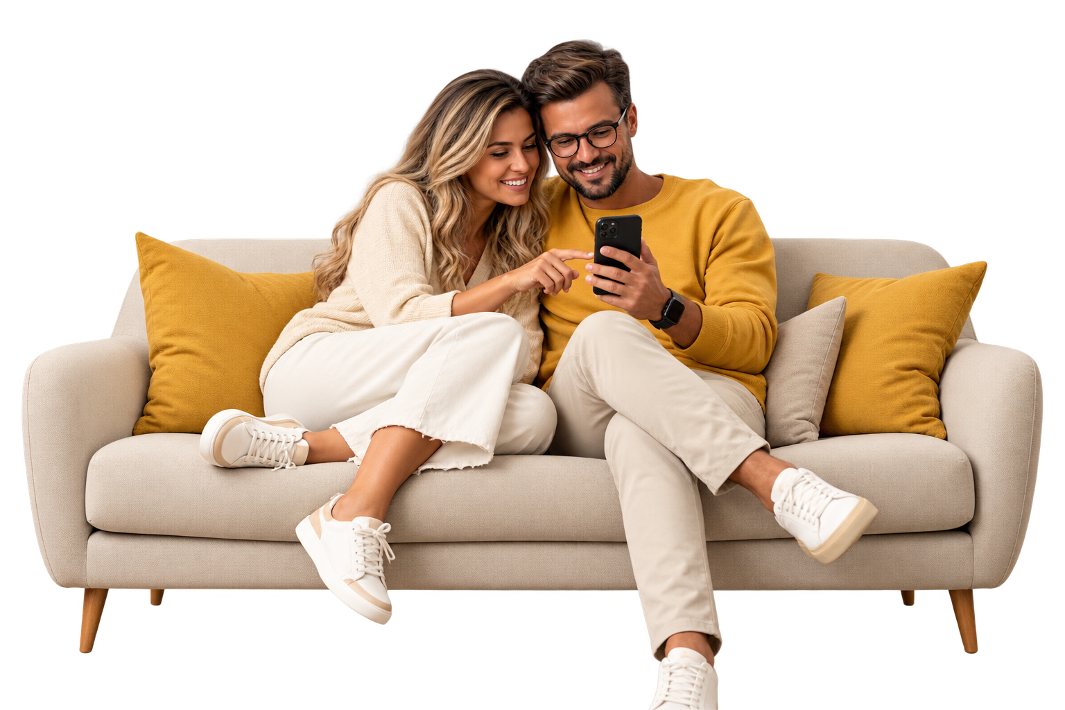 Casal sentado no sofá olhando o celular