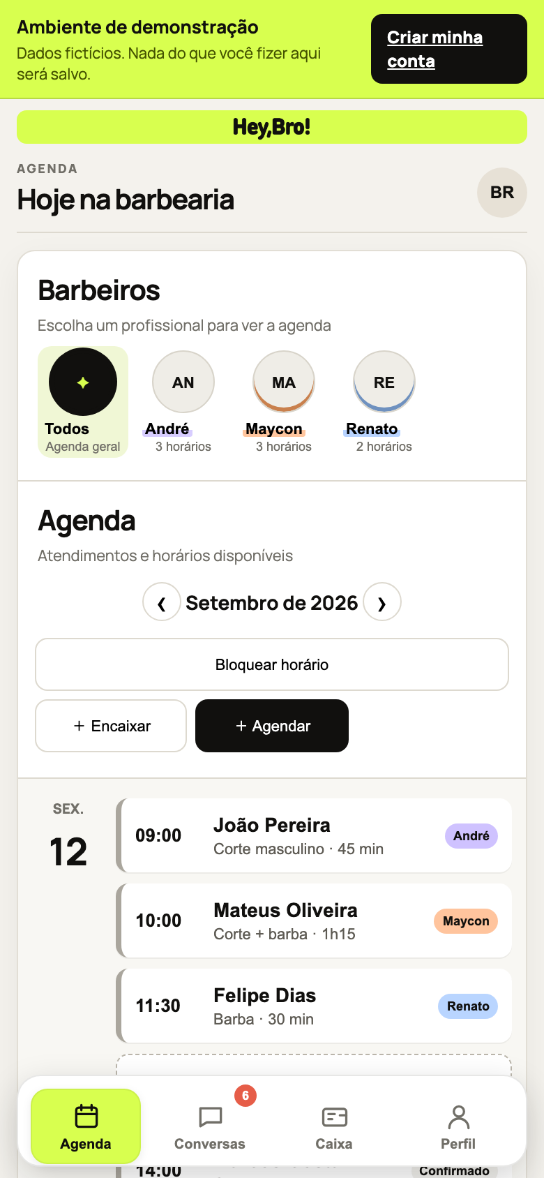 Agenda móvel da barbearia e dos profissionais no heyBro