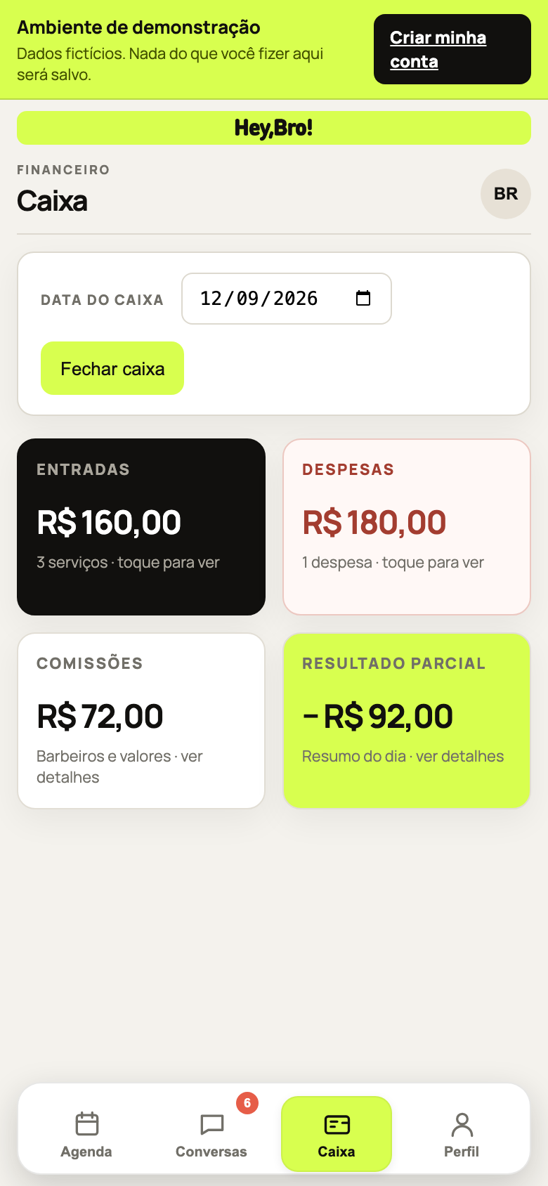 Controle móvel de entradas, despesas, comissões e caixa no heyBro