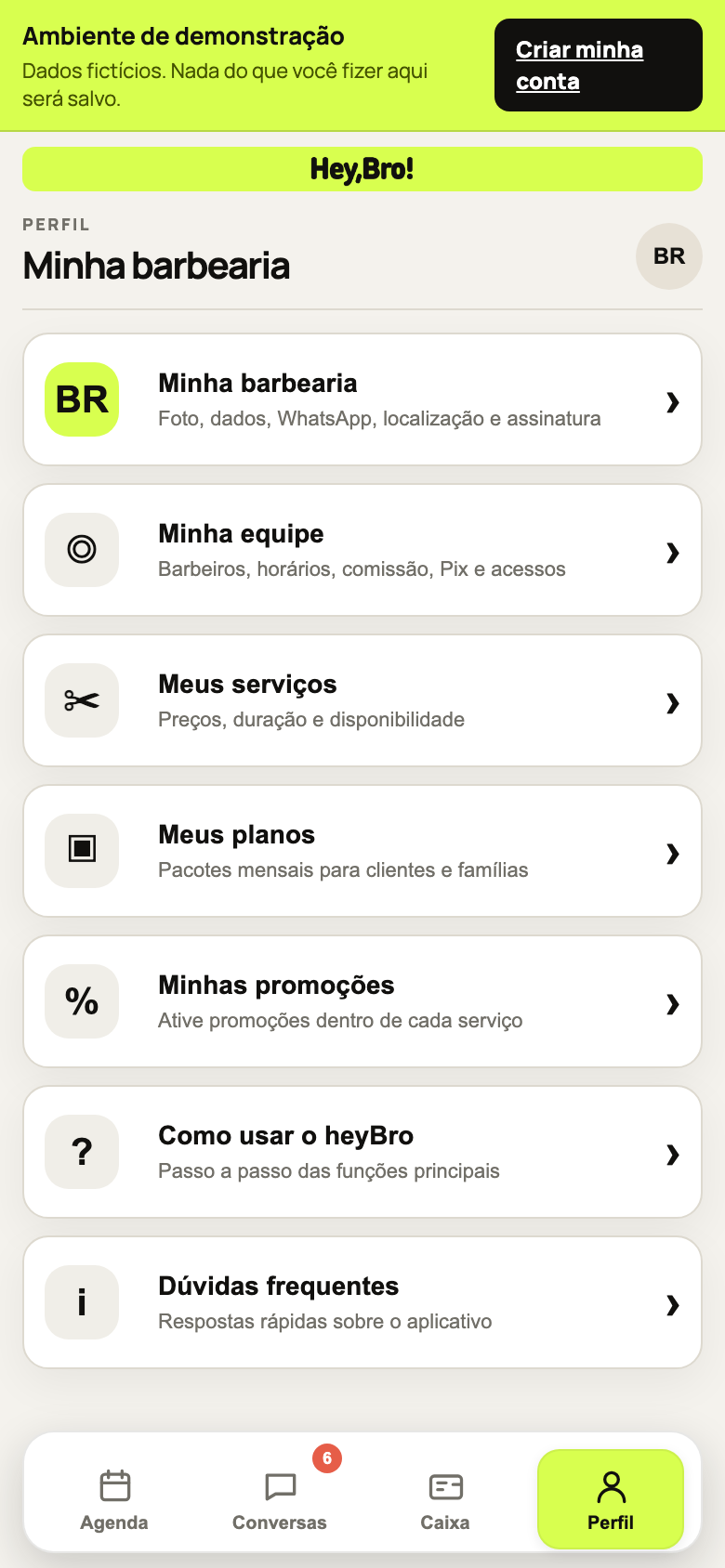 Perfil móvel da barbearia e gerenciamento da equipe no heyBro