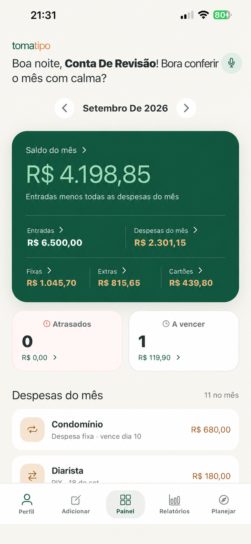 Painel mensal do tomatipo