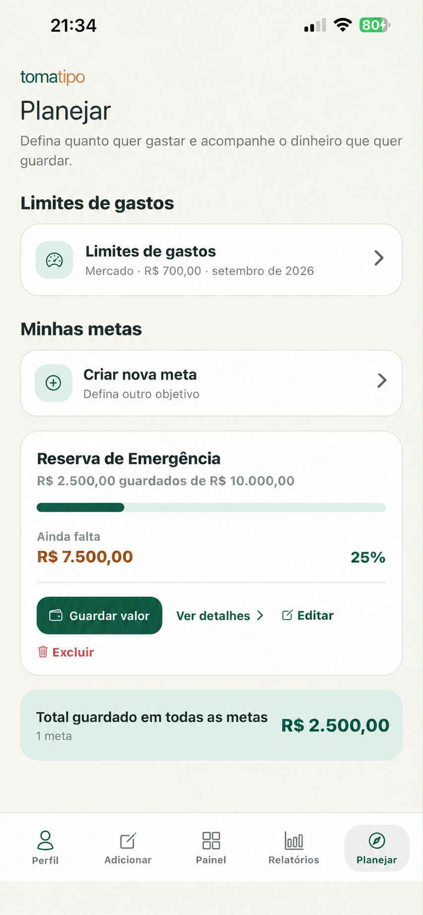 Metas e limites de gastos no tomatipo